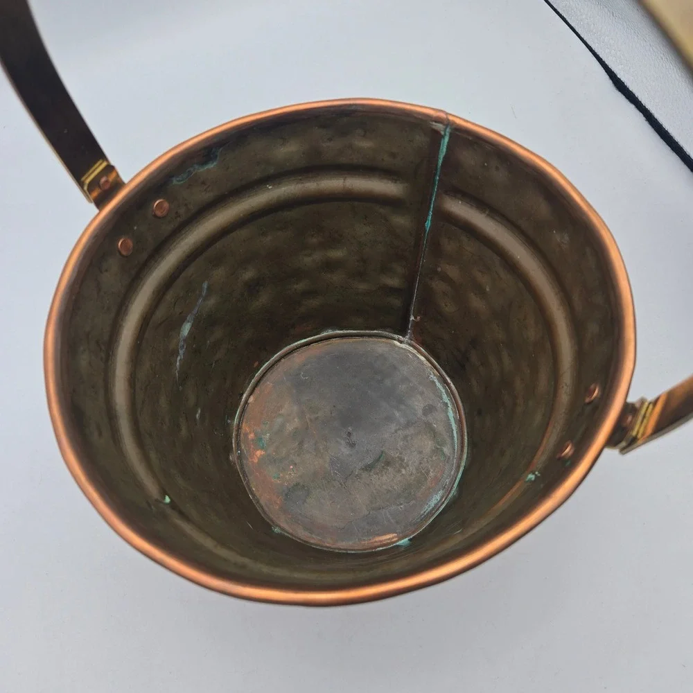 Vintage Artisan Made Hammered Copper Bucket Pail Brass Handle Signed CH 1991